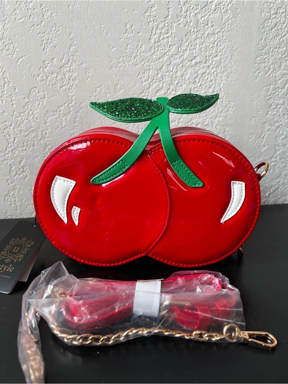 NWT Red Cherry Shaped Crossbody Bag with Glitter Green Stem